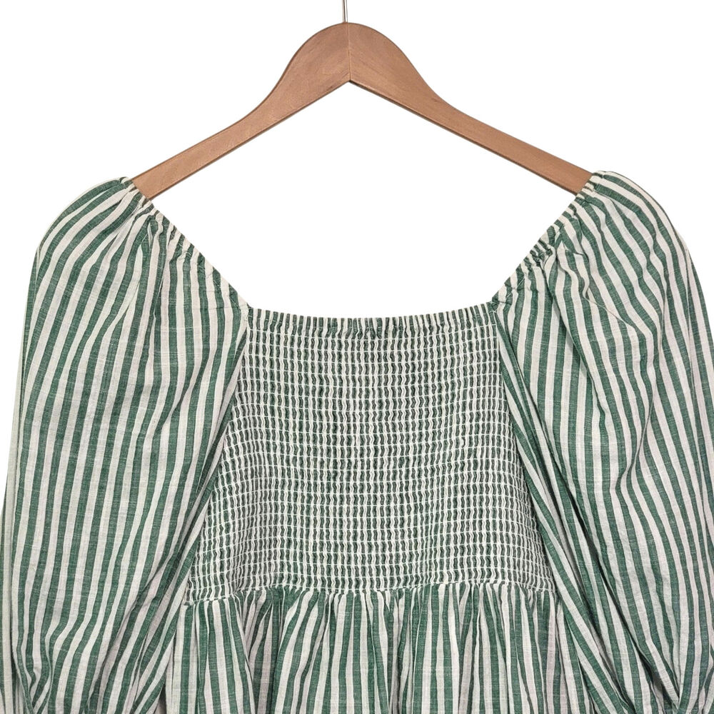 Cinq à Sept Adly Green White Stripe Smocked Puff Sleeve Peplum Top M - Picture 9 of 15